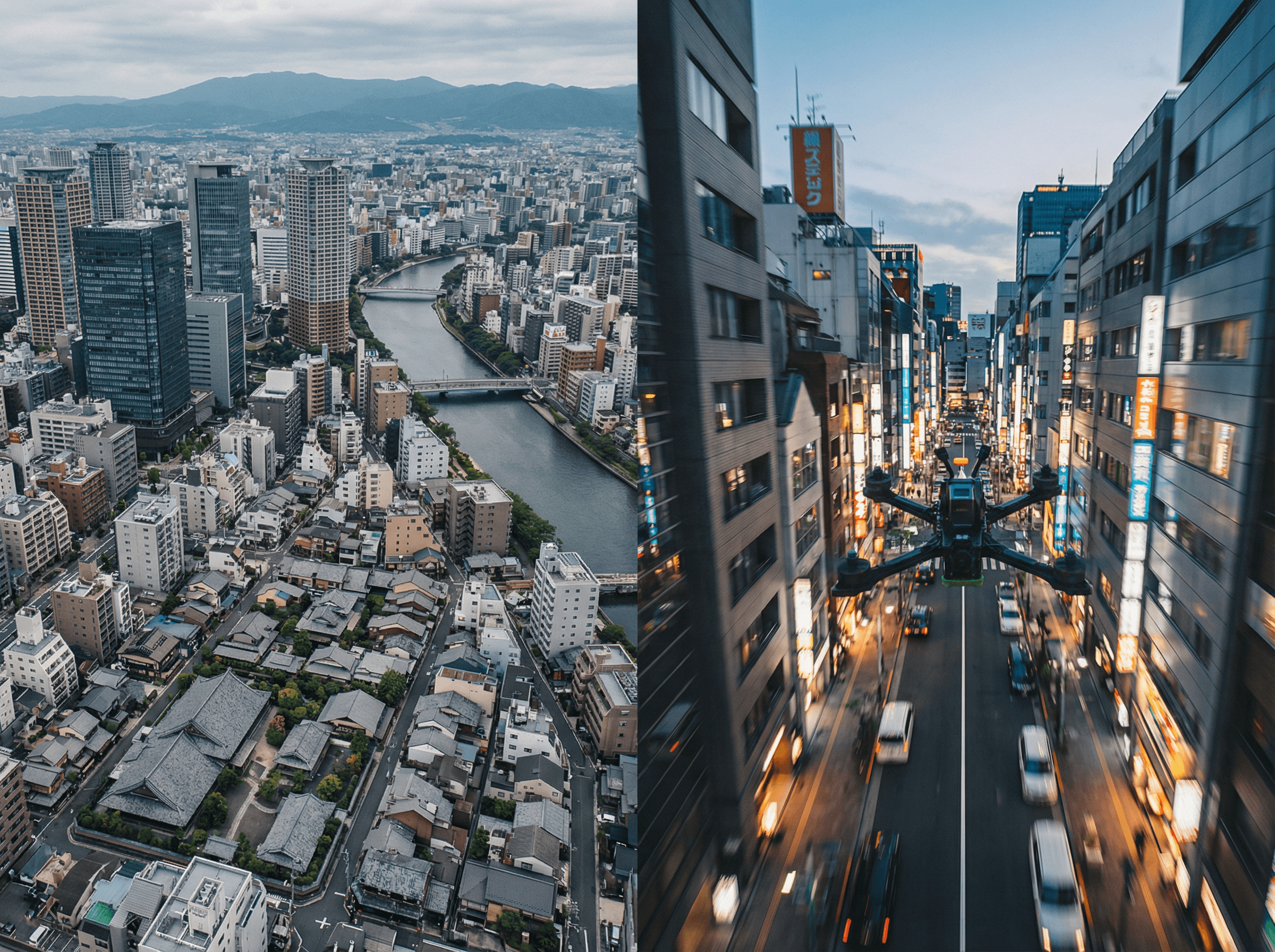 Before/After対比イメージ：一般的な高高度からの空撮とダイナミックなFPV映像