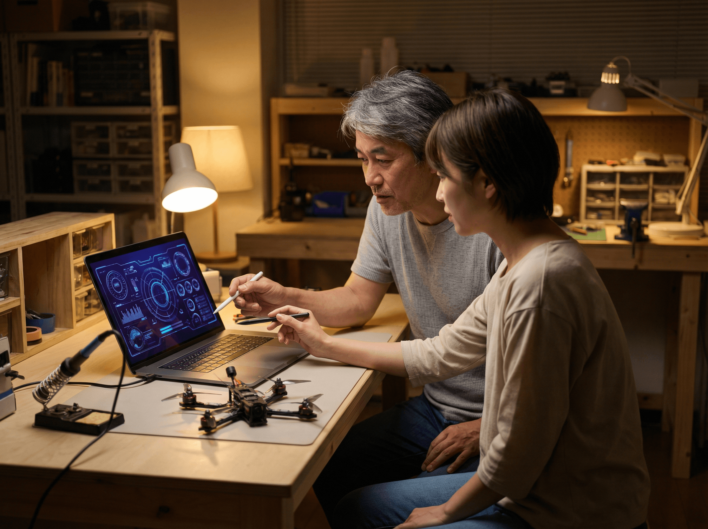 PCのBetaflight画面を見ながら、ドローンの設定変更を講師と一緒に学んでいる風景写真